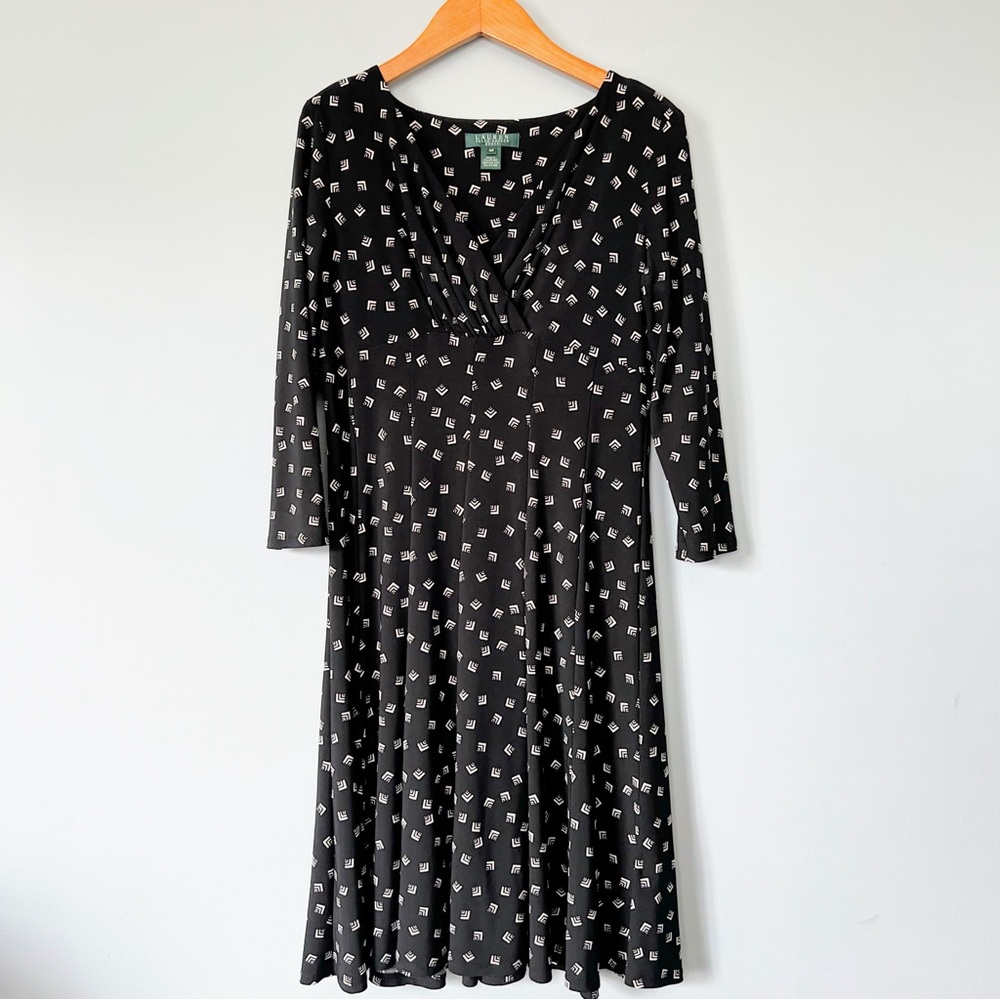 Lauren Ralph Lauren Black Geometric Print Midi Dress Size 10P